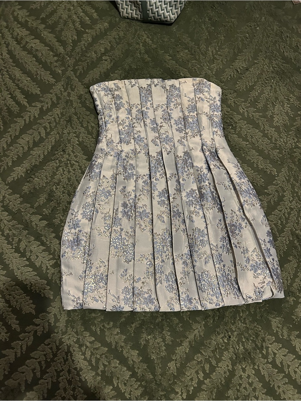 Strapless Pleated Floral Dress - Light Blue/White